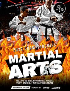 the poster for martial arts shows two men in white kimonos with flames behind them