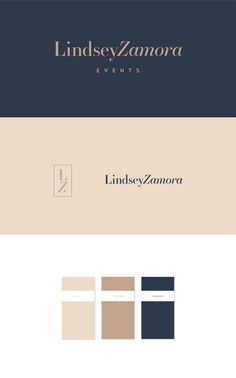 the logo for lindsey zamora events is shown in gold and blue colors, with two