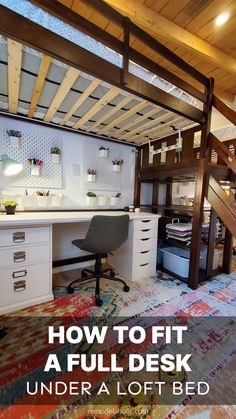 a loft bed with desk underneath it and stairs leading up to the upper floor area