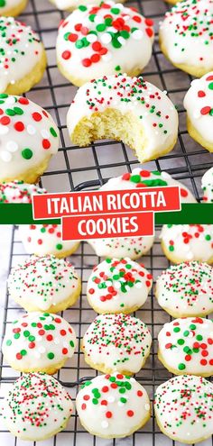 italian ricotta cookies with white frosting and sprinkles on a cooling rack