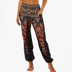 Women's One Size, Fits Xs-L. Black, Gold And Red, Boho, Harem, Smocked Waist, Palazzo Summer Pants. Perfect Condition, Never Worn. Vetement Hippie Chic, Loose Cotton Pants, Plus Pants, Clothing Pants, Boho Pants, Fashion People, Pantalon Large, Loose Pants, Women Clothes