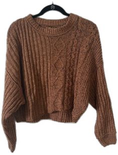 Brown Winter Cropped Crew Neck Sweater, Brown Crew Neck Cropped Winter Sweater, Brown Crew Neck Cropped Sweater For Winter, Casual Brown Knitted Cropped Sweater, Brown Cropped Crew Neck Sweater, Gingham Jacket, Red Handbag, Grey Knit Sweater, Denim Maxi Skirt