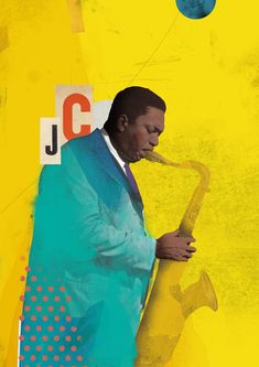 a man in a blue suit playing the saxophone against a yellow background with polka dots