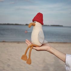 a person holding a stuffed bird on the beach