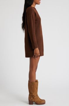 Add something simple yet chic to your cold-weather wardrobe with this wool-kissed sweater-dress knit with cozy ribbed trim and a leggy mini length. 33" length Crewneck Long sleeves Ribbed cuffs and hem 55% polyester, 20% acrylic, 13% nylon, 8% wool, 4% elastane Dry clean Imported Fall Mini Knit Sweater Dress, Fall Knit Mini Sweater Dress, Cashmere Sweater Dress For Work In Fall, Casual Wool Sweater Dress For Winter, Casual Wool Sweater Dress, Brown Mini Dress For Winter, Brown Mini-length Sweater Dress For Winter, Brown Mini Sweater Dress For Winter, Casual Brown Knee-length Sweater Dress