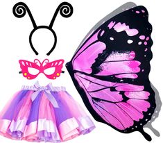 a pink and purple butterfly is next to a tutu with a mask on it