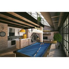 a pool table in the middle of a room with lots of windows and furniture around it