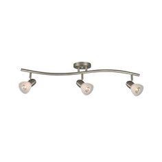 three light ceiling fixture with chrome finish and white glass shades on the top, in an angled