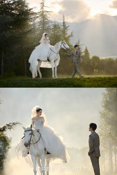 two pictures of people riding horses in the grass and one is wearing a wedding dress