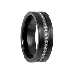 a black ring with white diamonds on the inside and inlayed to it's sides