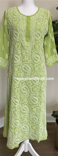 "Hand embroidered Chikankari kurta on georgette. Team it with the Chikankari pants or palazzo, Sold Separately. Matching Liner included. Kurti Length : 48 inches \"Embroidery designs may vary\"" Traditional Green Kurta With Cutwork, Traditional Green Cutwork Kurta, Green Cutwork Kurta For Spring, Spring Green Cutwork Kurta, Green Cutwork Straight Kurta, Chikankari Pants, Hand Embroidered Tunics, Chikankari Kurta, Indian Wear