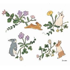 an image of rabbits and flowers on a white background