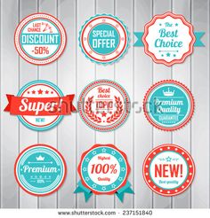 a set of badges and stickers for the sale of goods on wooden background with ribbons