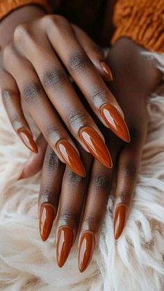 Fall Almond Acrylic Nails Designs, Pumpkin Colored Nails, September Nails 2024 Almond, Autumnal Nail Art, Fall Nail Polish Ideas, Fall Nails Pedicure, Fall Designs Nails, Fall Nails 2024 Almond, Nails September 2024