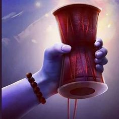 a hand holding a red cup in front of the sky with sun shining down on it