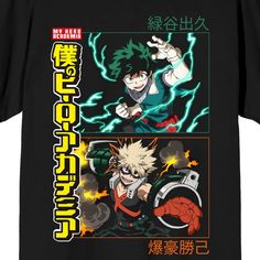 Celebrate your favorite anime series in style with this My Hero Academia crop t-shirt. The shirt features an image of Deku and Bakugo using their powers while yellow kanji letters next to the characters spell out the series logo. The tee comes in a black short sleeve crop top. Fans of the My Hero Academia characters will love this comfy crop tee. Anime Style T-shirt With Anime Print For Fan Gatherings, Black Anime Print Tops For Fan Gatherings, Black Anime Print Tops, Anime Print Fandom Tops For Fan Events, Anime Print Tops For Fan Events, Fandom Style Tops With Anime Print For Fan Events, Black Anime Print Fandom T-shirt, Black Anime Character Print T-shirt, Black Anime T-shirt For Fan Conventions