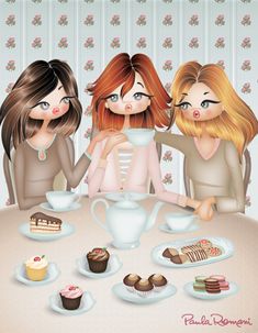 three women sitting at a table with cupcakes and cakes