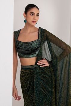 Black pre-draped saree with all over halo metallic detailing. Paired with a sleeveless Queen Anne neck blouse with halo nalki embellished chains and a hand embellished - Aza Fashions Sarees Black, Draped Saree, Drape Saree, Set Women, Queen Anne, Set For Women, Aza Fashion, Indian Fashion, Halo