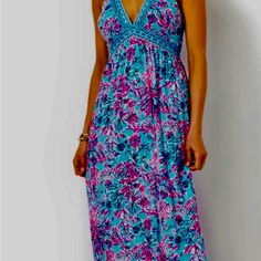 New With Tags! Lilly Pulitzer Serena V-Neck Maxi Dress In Celestial Blue Seek And Sea. Perfect For Summer, Date Night Or That Special Honeymoon Or Vacation Turquoise V-neck Maxi Dress For Vacation, Turquoise V-neck Summer Dress, Turquoise V-neck Casual Maxi Dress, Casual Turquoise V-neck Maxi Dress, Casual Turquoise Maxi Dress With V-neck, Lilly Pulitzer Maxi Dress, Eyelet Maxi Dress, Summer Date Night, Empire Waist Maxi Dress