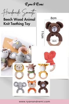 Handmade Smooth Beech Wood Animal Knit Teething Toy Wooden Teether, Eco Friendly Baby, Wood Animal, Teething Toys, Educational Toys For Kids, Baby Teeth, Toy Storage, Knit Cotton, Beech Wood