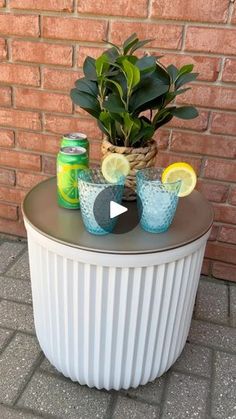 a potted plant sitting on top of a table next to two glasses and cans