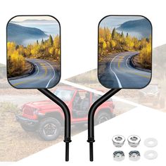 two side mirrors with the reflection of a red truck on it and trees in the background