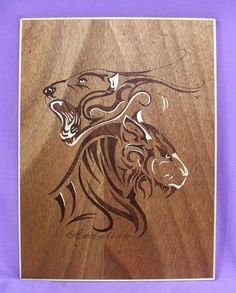 a tiger carved into wood on a purple background