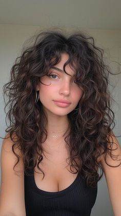 2b Curly Hair Bangs, Mid Length Hair For Curly Hair, Type 2b Curly Hair Haircuts, Modern Shag Haircut Curly Hair, Wavy Hair Perm Women, Long Haircuts With Bangs Curly, Shaggy Perm Long Hair, Perm Shag Hair, Long Naturally Curly Haircuts