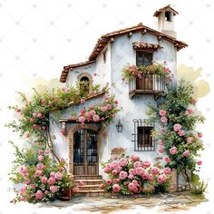 a watercolor painting of a house with pink flowers