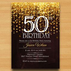 a 50th birthday party card with gold confetti and sparkles on the background