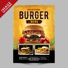 a burger menu flyer with two photos on it and the text, your resto name