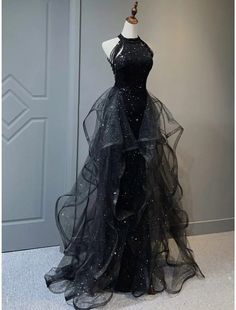 A-Line Prom Black Dress Vintage Dress Wedding Party Birthday Sweep / B – taooobao Prom Dresses Sparkle, Black Tulle Prom Dress, Dresses Sparkle, Gaun Abad Pertengahan, Shine Dress, Robes Glamour, Plus Size Vintage Dresses, Dress Wedding Party, Black Evening Gown