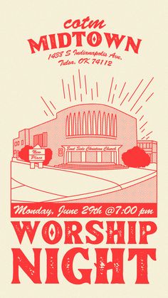 a concert poster for worship night with an image of a church on the side of it