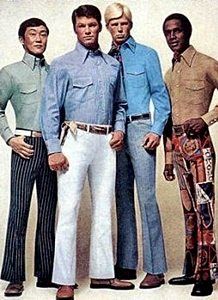 60s mens fashion; bell bottom pants with tucked in long-collared shirts were very prominent. Geometric shapes were also seen on clothes Editorial Vogue, Outrageous Fashion, Americana Vintage