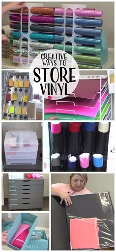 several pictures with different colors and sizes of crafting supplies in them, including plastic storage bins