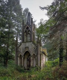 an old church in the middle of a forest