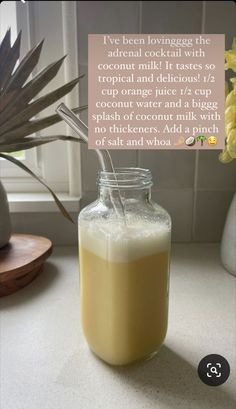 a glass jar filled with liquid sitting on top of a counter next to a potted plant