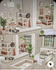 an image of a living room with white furniture and brick walls in the background,