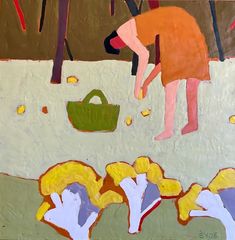 a painting of a woman picking fruit from the ground with trees in the backgroud