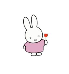 a white rabbit holding a red rose in it's hand and wearing a pink shirt