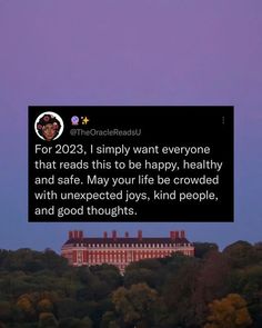 an image of a building with trees in the background and text that reads, for 203 i simply want everyone that reads this to be happy, healthy and safe