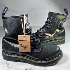 Dr Martens 1460 Purple Gold Disco Lace Up Combat Boots Nwt Msrp $160 Womens Size: 7 (Euro 38) Brand New Never Worn With Out Shoe Box Sold Out Online Accepting Offers Photos Don’t Do The Colors Justice, These Are Magical Lace Combat Boots, Heeled Combat Boots, White Combat Boots, Doc Marten Boot, Knee High Platform Boots, Shoes Dr Martens, Platform Boots Women, Purple Boots, Character Clothing