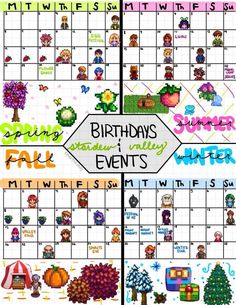 two calendars with the words, birthdays and events written in different font styles