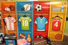 lockers decorated with sports jerseys and balls are on display in the children's room