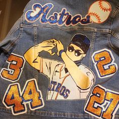 Astros Jacket, Custom Jean, Game Outfit, Cute Date Ideas, Football Game Outfit, Red Room, Custom Jeans, Custom Denim