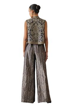 Black brocade gilet with contrast silver intricate embroidery. - Aza Fashions Elegant Sleeveless Nehru Jacket For Festive Occasion, Elegant Embroidered Festive Vest, Jayanti Reddy, Anushree Reddy, Anamika Khanna, Diana Penty, Rohit Bal, Jackets Black, Tarun Tahiliani