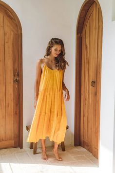 Yellow Tiered Sleeveless Dress - Lightweight Cotton | ROVE Resort Chic, Holiday Wardrobe, Linen Set, The Low, Back Design, Low Back, Short Tops, Summer Dress, Dandelion