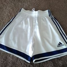 Adidas Athletic Shorts-Nwot Climalite Fabric With Elastic Waist And Drawcord Flat Measurements: Length 16.5"-Waist 12' Color: White With Navy Trim Size: Medium White Three Stripes Gym Shorts, White Three-stripes Gym Shorts, White Athleisure Shorts With Three Stripes, White Three Stripes Bottoms For Sports Events, White Bottoms With Three Stripes For Gym, White Three Stripes Short Activewear, White Three Stripes Athletic Shorts For Sports, White Three Stripes Athletic Shorts, Adidas White Athletic Shorts With Logo