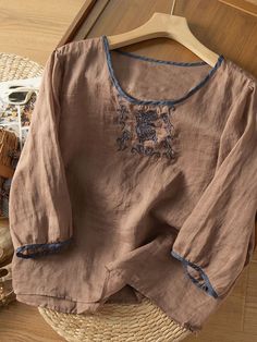 Summer Long Sleeve Embroidered Linen Top, Summer Long Sleeve Linen Embroidered Top, Casual Long Sleeve Embroidered Beach Top, Casual Long Sleeve Embroidered Top For Beach, Beige Long Sleeve Embroidered Summer Top, Casual Embroidered Top With 3/4 Sleeves, Casual Embroidered Top With 3/4 Sleeves For Spring, Embroidery Theme, Collared Shirt Dress