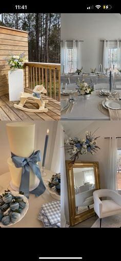 a collage of photos with blue and white decor